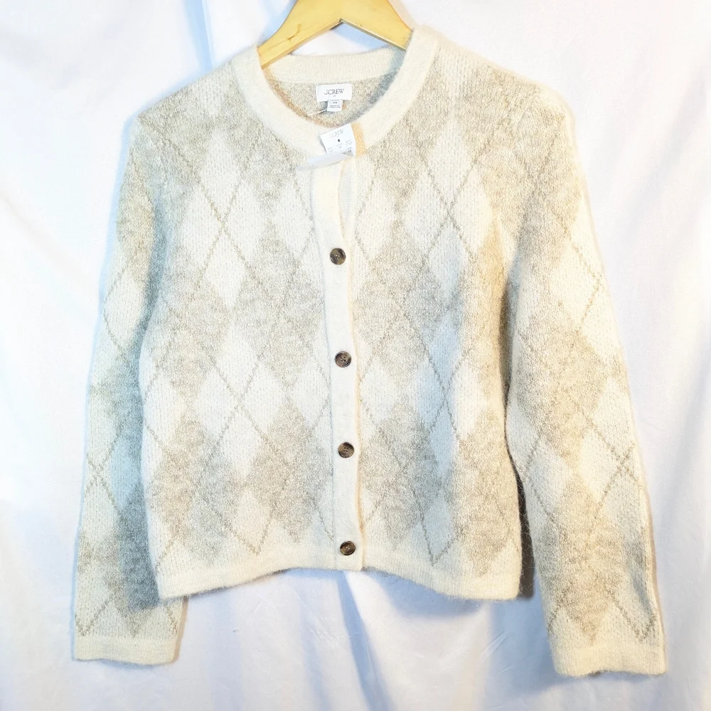 NWT‎ J.Crew Factory Argyle Cardigan Sweater Cream Tan Gold Thread Classic XS